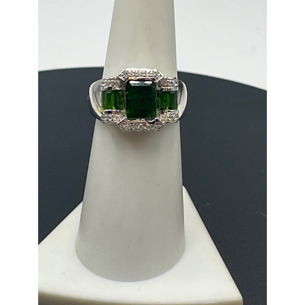 BBJ Emerald Cut Chrome Diopside Round White Zircon Baguette Cocktail Ring 6.5 - Picture 3 of 14